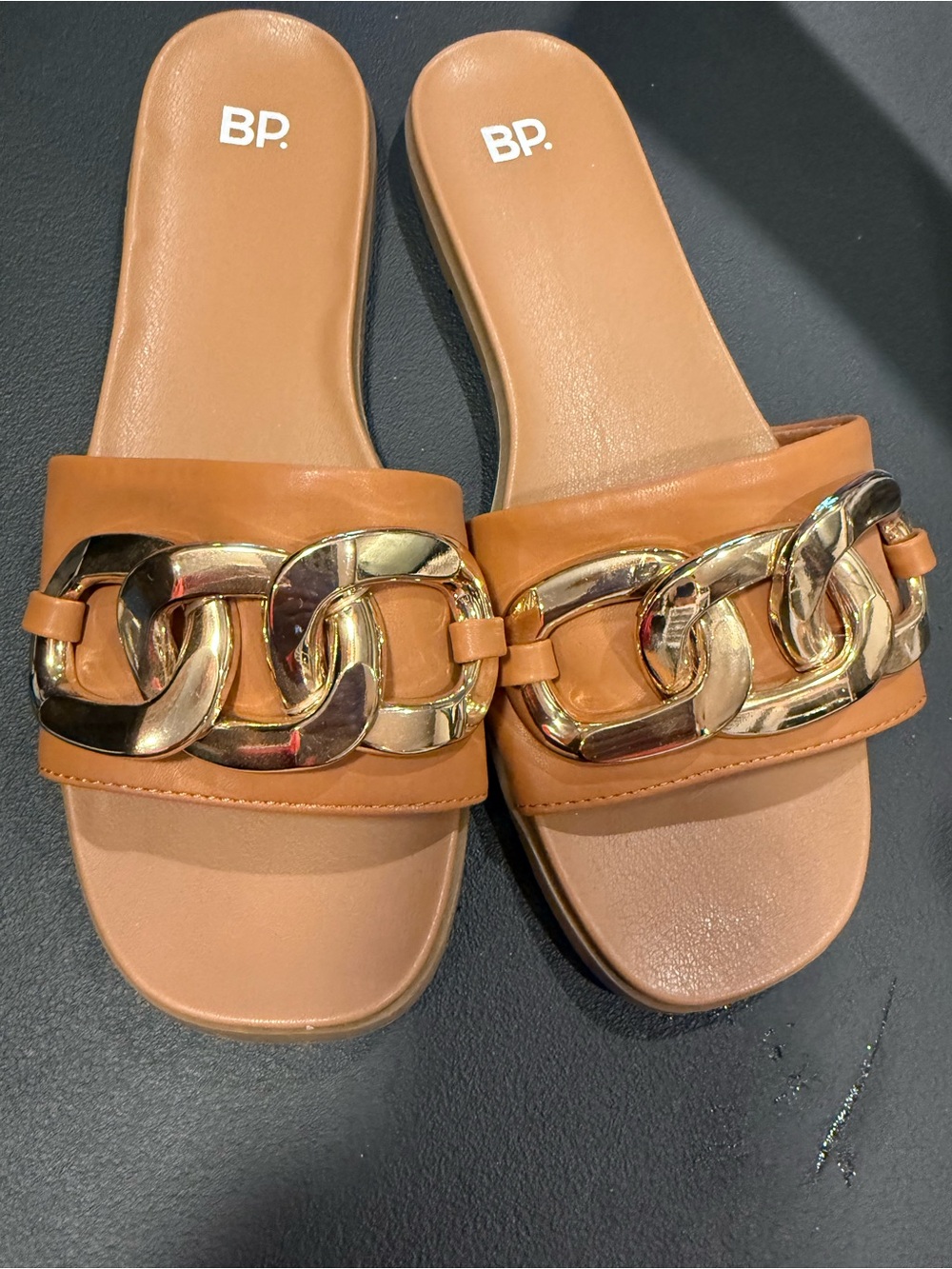 bp Cognac Slide Sandals with Gold Chain Accent